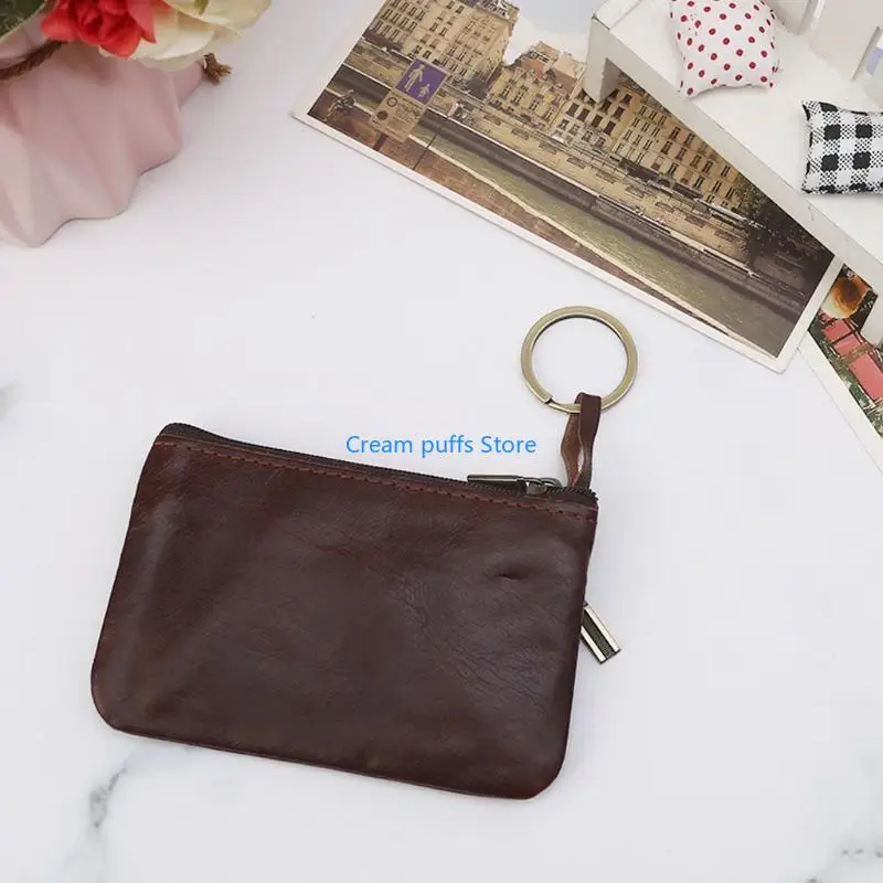 50LE Vintage PU Leather Men's Zipper Purses Coin Purse Cash Change Pocket Wallet for Key Holder for M