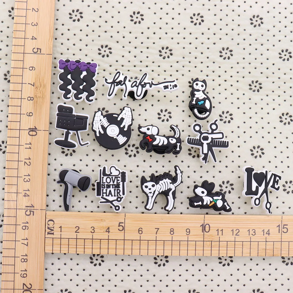 

Mix 50PCS PVC Shoe Charms Love Is In The Hair Chair Barbershop Hair Dryer Comb Dog Bone Carrot Bow Buckle Clog Decorations