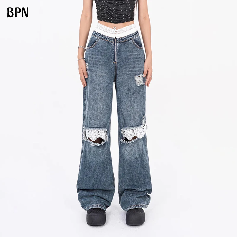 

BPN Casual Patchwork Lace Jeans For Women High Waist Spliced Pockets Holes Streetwear Denim Pants Female Fashion Clothing Style