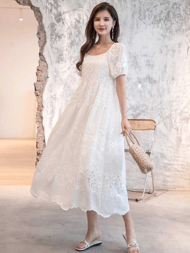 Gypsylady Floral Embroidery Chic Midi Dress White Cotton&linen Summer Boho Women Dresses Puff Sleeve Sheer Sexy Holiday Vestido