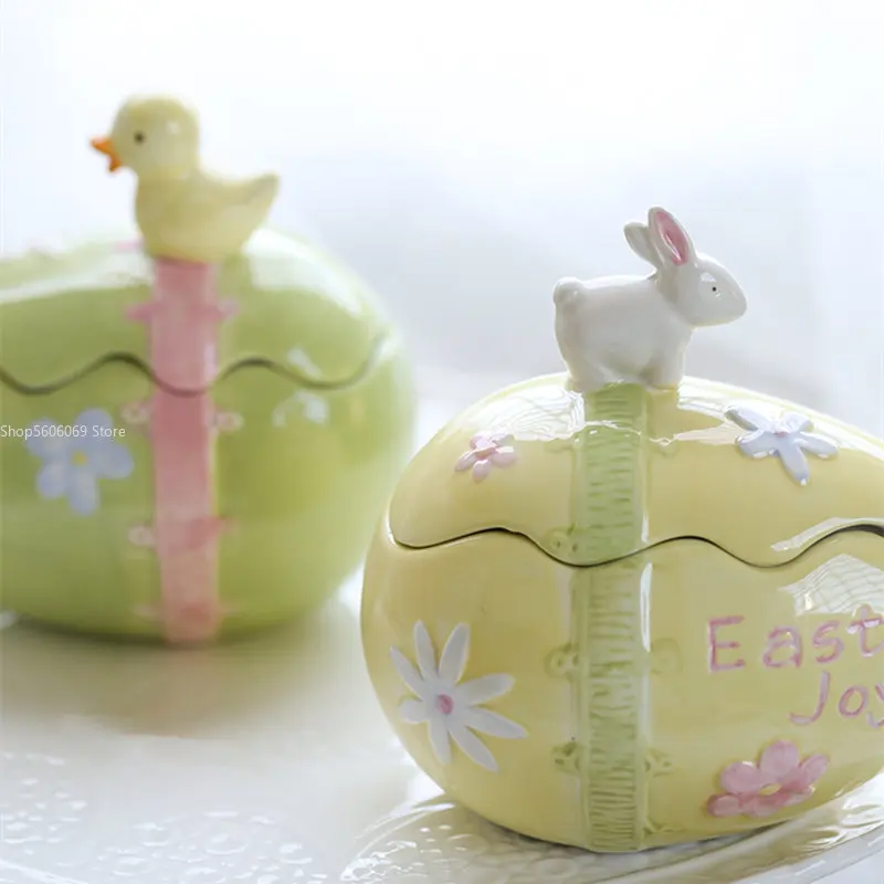 Ceramic Egg Decorative Gift Jar Cute Trinket Earring Storage Miscellaneous Headphones Hand-painted Rabbit Jewelry Box