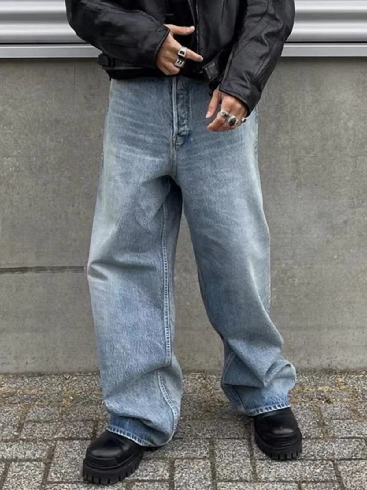 MIJKO Retro American Blue Washed Jeans Men's Casual Loose Straight Leg Wide Pants Long Trousers Hip Hop Style Loose Fit M-FJ013