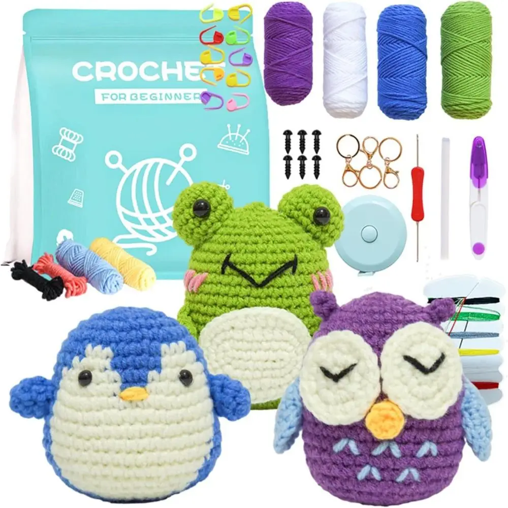 Iniciante Crochet Starter Kit, Crochet Kit Animal, Coruja artesanal, Pinguim com vídeo tutoriais, Crochet Crochet Knitting Kit, 3pcs