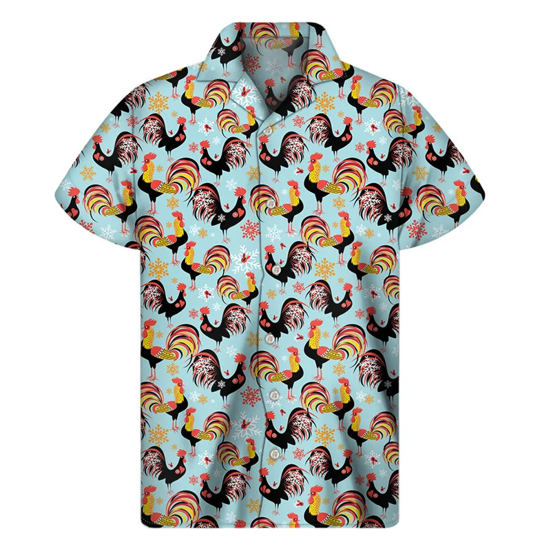 Cartoon Rooster Graphic Shirt Men 3D Print Animal Hawaiian Shirts Summer Button Short Sleeve Tops Street Lapel Aloha Blouse