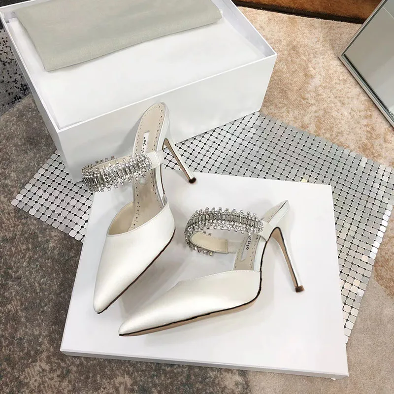 Women\'s 2022 Pump Summer New Rhinestone Chain Slippers High Heels Stiletto Pointed Shallow Mouth Silk Sandals Outer Wear