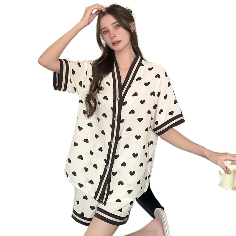 

Summer Women's Bubble Cotton Pajamas Short Sleeve Home Clothes Two-Piece Set Student Wear V-Neck Thin Material Outerwear