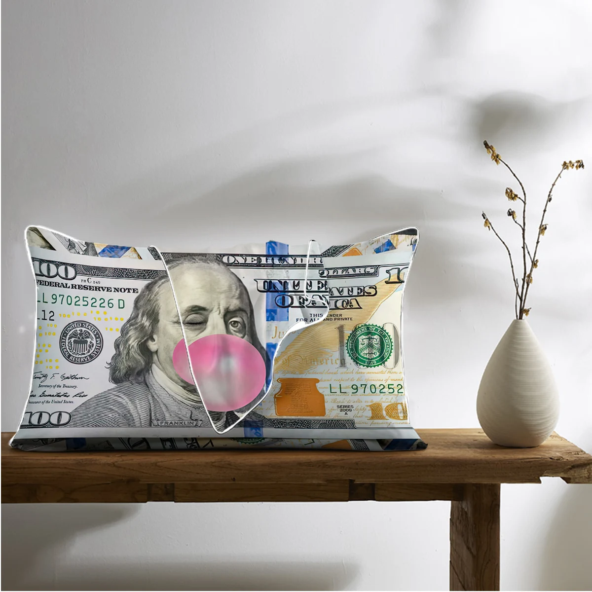 One Hundred Dollar Bill Pillow Shams Cute Benjamin Franklin Wink Set of 2 Pink Bubble Gum Theme Bed Pillow Cases