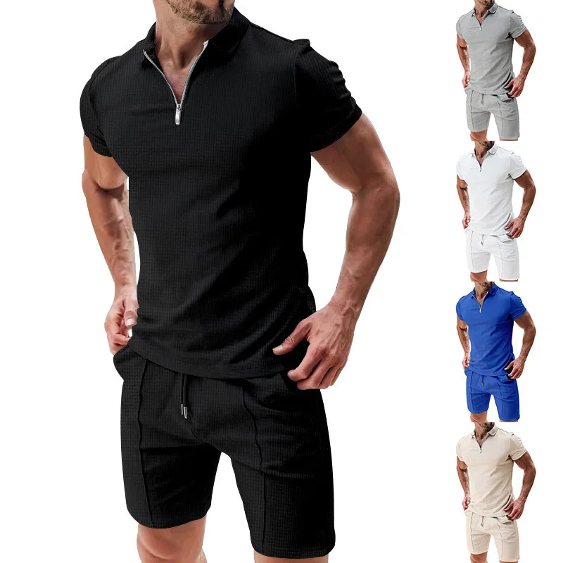 European and American Men's Short Sleeved Shorts Casual Suit Summer Waffle Solid Color Casual Loose Collar Polo Shirt Set