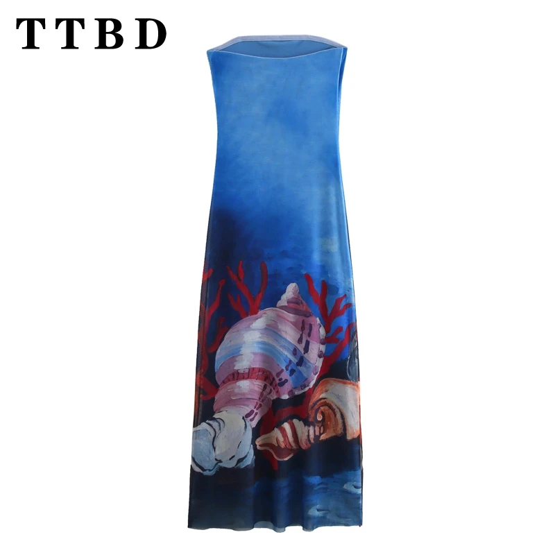 TTBD 2024 Summer Wear nuove donne Shell Print Fashion Trend Dress senza maniche abito Casual con motivo lungo