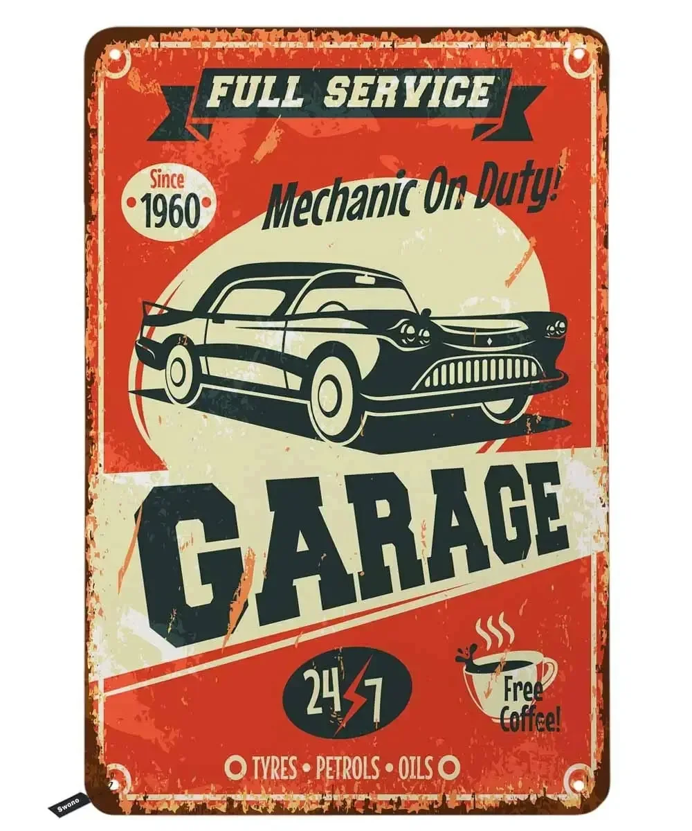 

Garage Full Service Tin Signs,Car Mechanic on Duty 24-7 Service Vintage Metal Tin Sign for Men Women,Wall Decor for Bars,