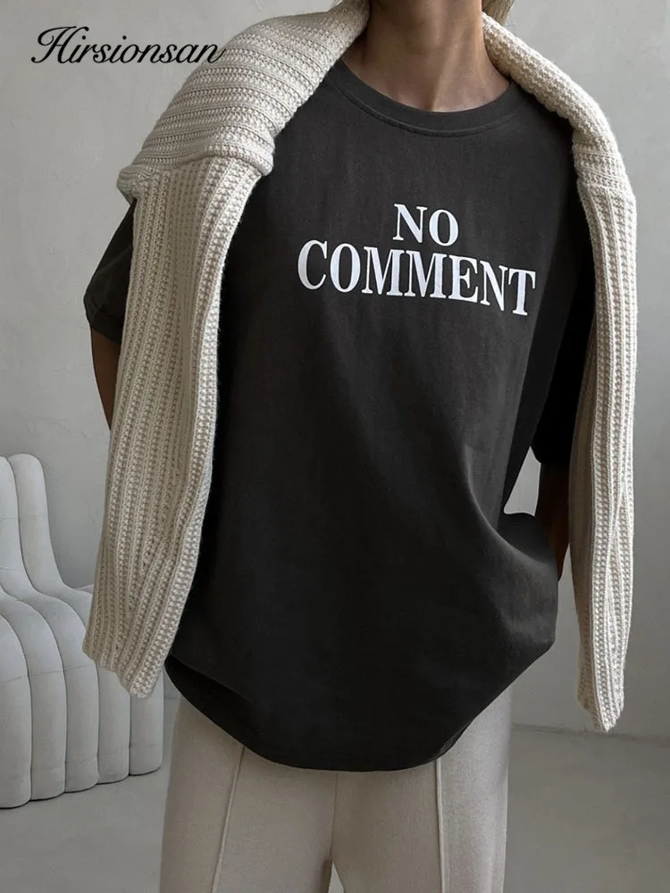 Hirsionsan NO COMMENT Letter Graphic Printed T Shirt Women Summer Oversize  Female Clothing Elegant O Neck Cotton Lady Tops Y2k