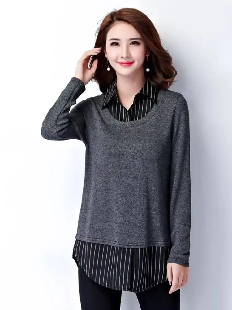 Autumn New Plus Size Women's Clothing Covers Flesh Appears Slim with Collared Base Shirt Fat Knit Long Sleeved T-shirt Sweaters