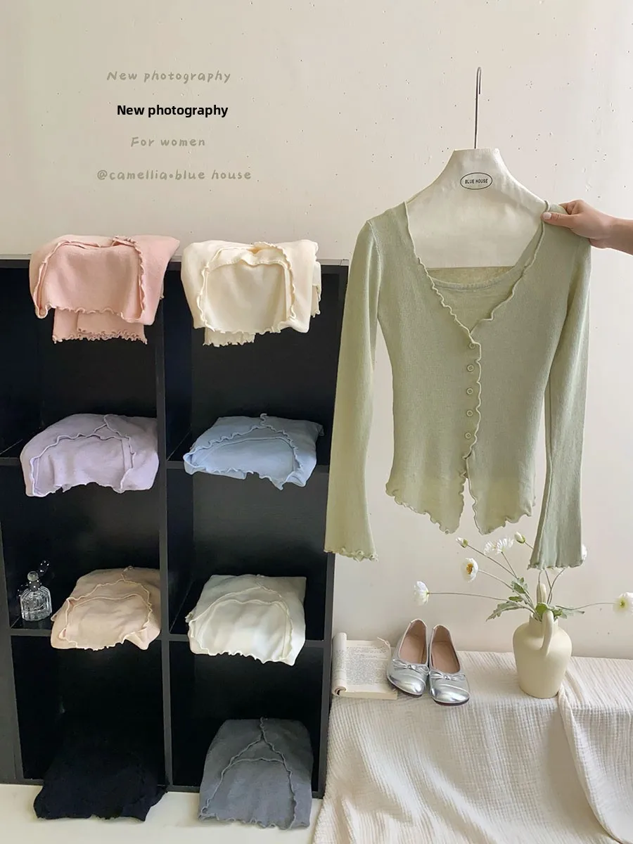 كارديجان نسائي رقيق بأكمام طويلة وتصميم أنيق، قطعة علوية كاجوال بلون واحد وتصميم يشبه الأذن، إطلالة من قطعتين لفصل الربيع