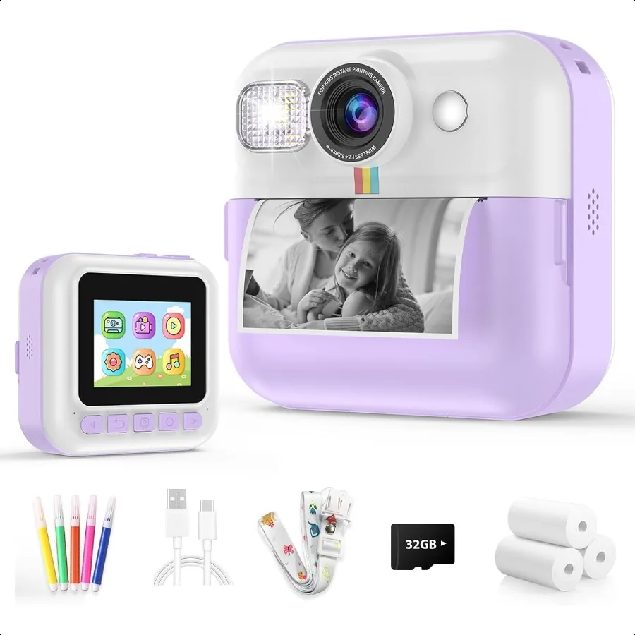 

Instant Print Camera Christmas Birthday Gift for Girls Boys Digital Camera with 32GB Card 1080P Video Portable Purple Toy for A