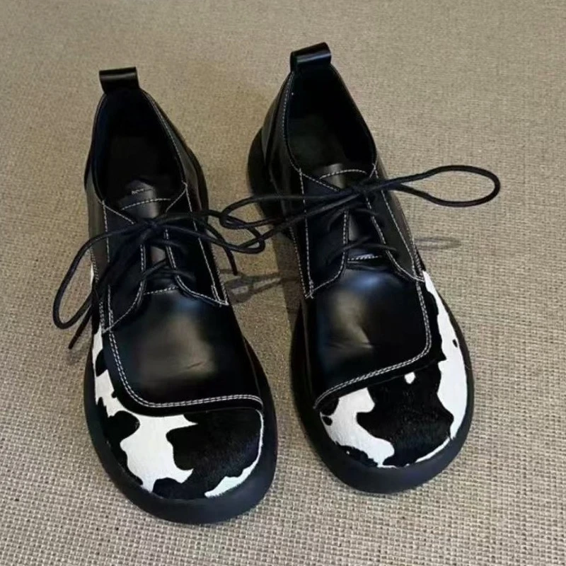 

Retro Fashion Loafers Shoes Women Round Toe Splice Lace Up Shallow Casual Shoes Ladies Comfort Designer Flat Shoes for Women