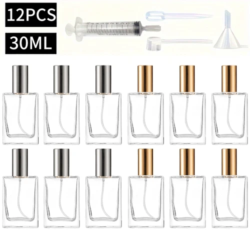 12 Uds + 4 accesorios botellas de vidrio de 30ml, incluidas 12 botellas de spray, 1 embudo, 1 artefacto dispensador, 1 pajita, 1 jeringa