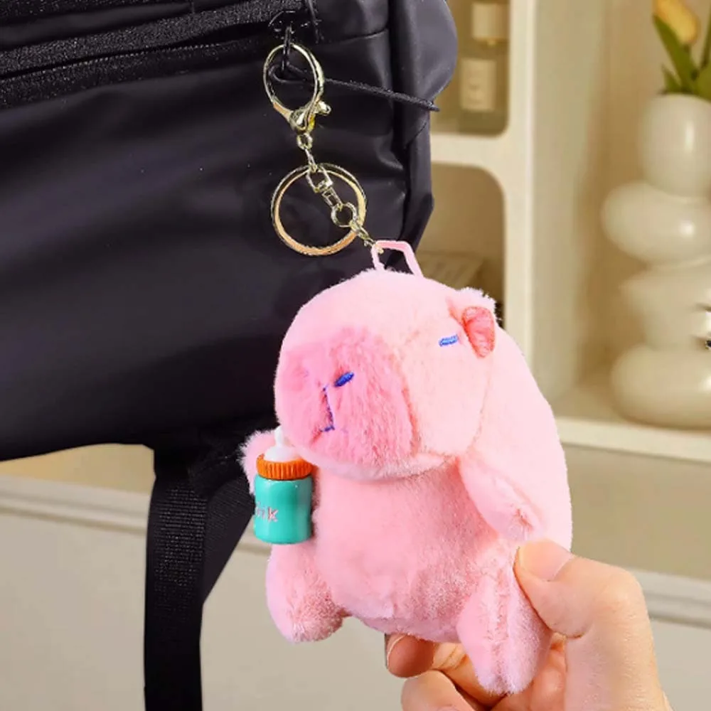 2pcs/set Funny Soft Pink Capybara Key Ring Funny Feeding Bottle Plush Capybara Pendant Fur Brown Cartoon Animal Keychain Couple