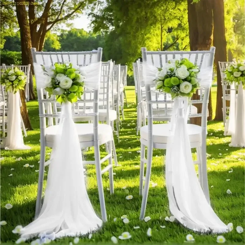 W3JE White Chair Sashes Elegant Display Perfect For Wedding Aisle Decorations And Church Drape Sheer Tulle view 5