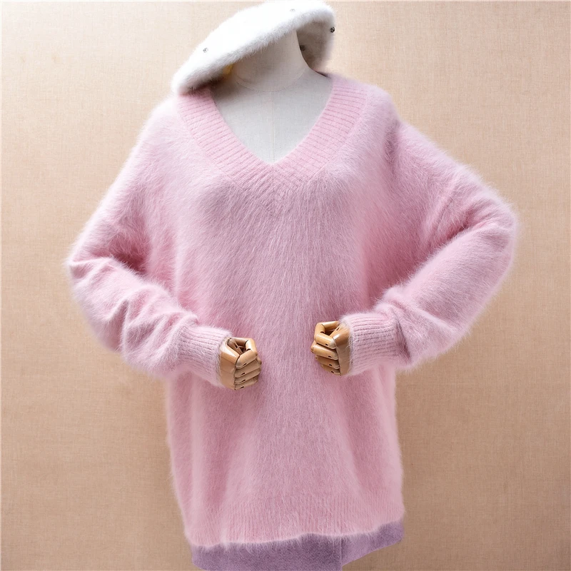 

Женский осенне-зимний сладкий розовый норковый кашемировый вязаный пуловер с v-образным вырезом и длинными рукавами, свободный пуловер из ангоры, джемпер, топы