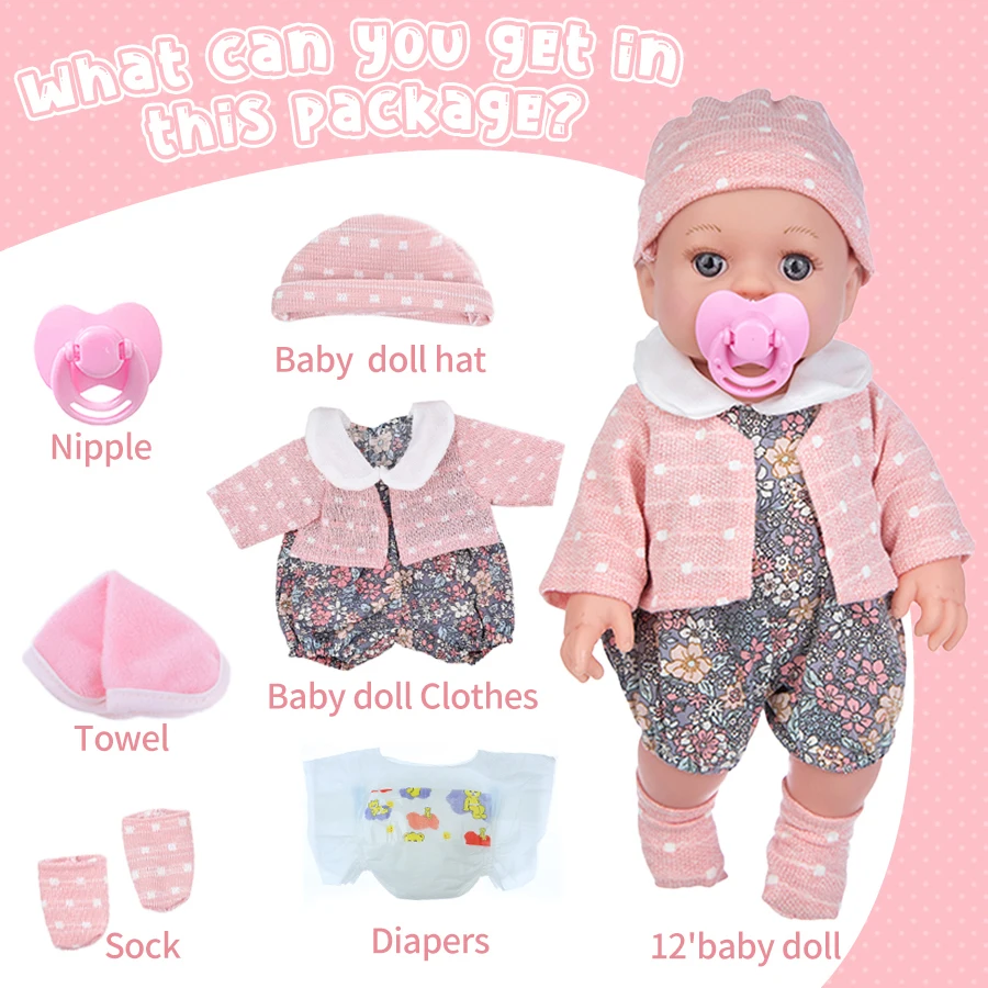 La bambola rinata da 12 pollici/30 cm può essere lavata, placare l'educazione Morbida bambola per bambini Arti mobili e vestiti staccabili, giocattolo per bambini Gif