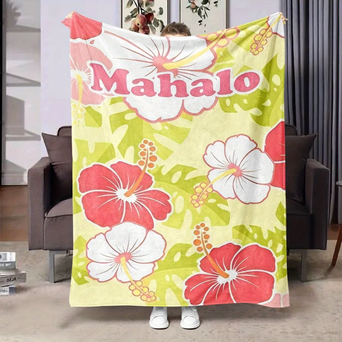 Hibiscus and jasmine flower patterns Flannel printed blanket suitable for all seasons suitable for living office sofa and travel