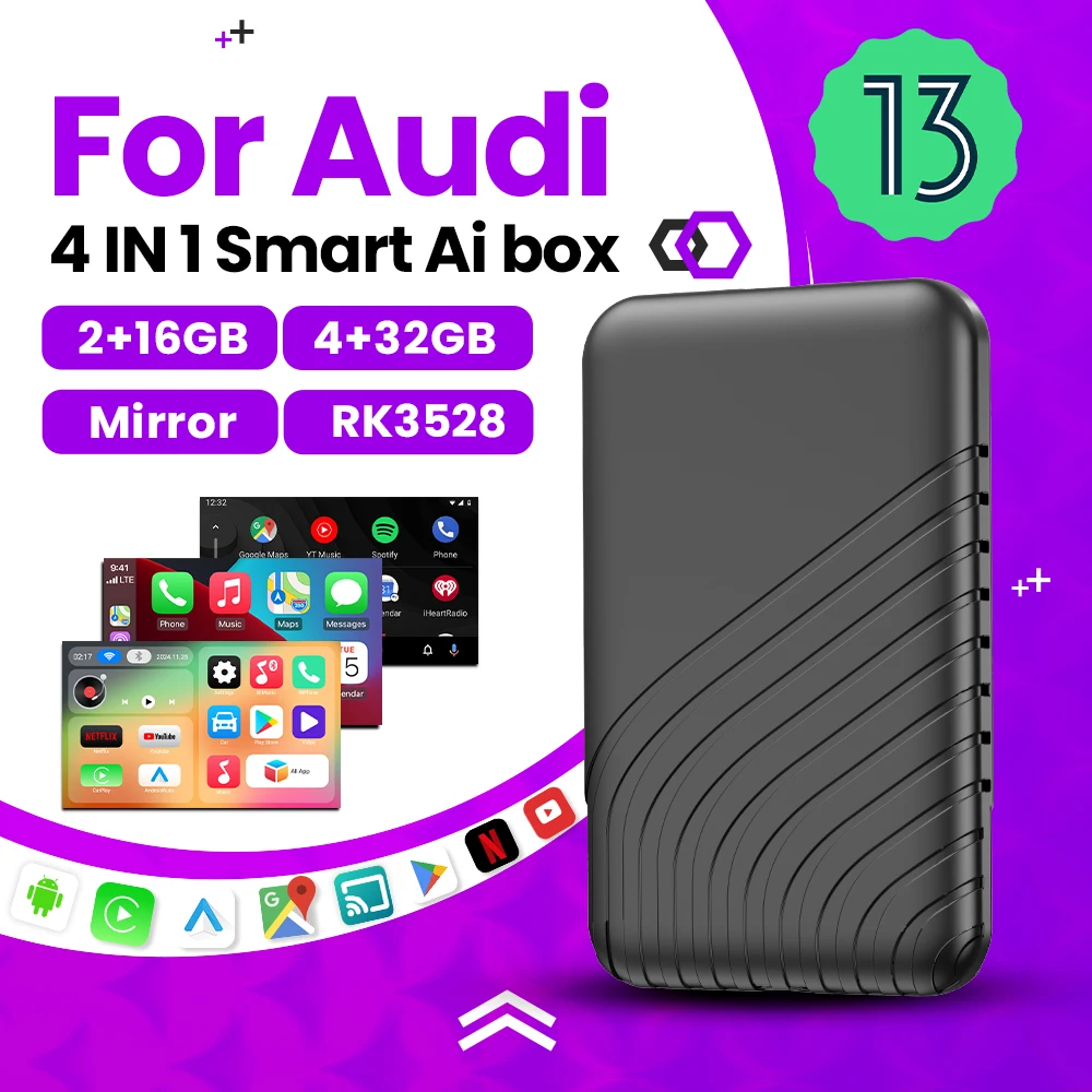 Android 13 wireless carPlay wirelessAndroid Auto Mirror Ai Box For Netflix Youtube For Audi A3 A4 Q2 R8 Q5 e‑tron Q8 TT e‑tron