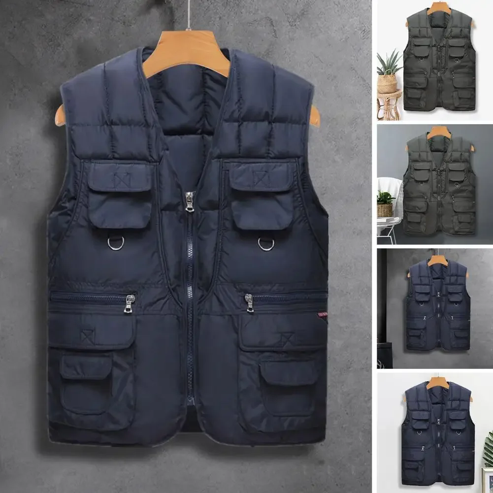 

Men Autumn Winter Vest With Multiple Pockets Zipper Closure Sleeveless Waistcoat Winter Warm Coat Fashion Clothing