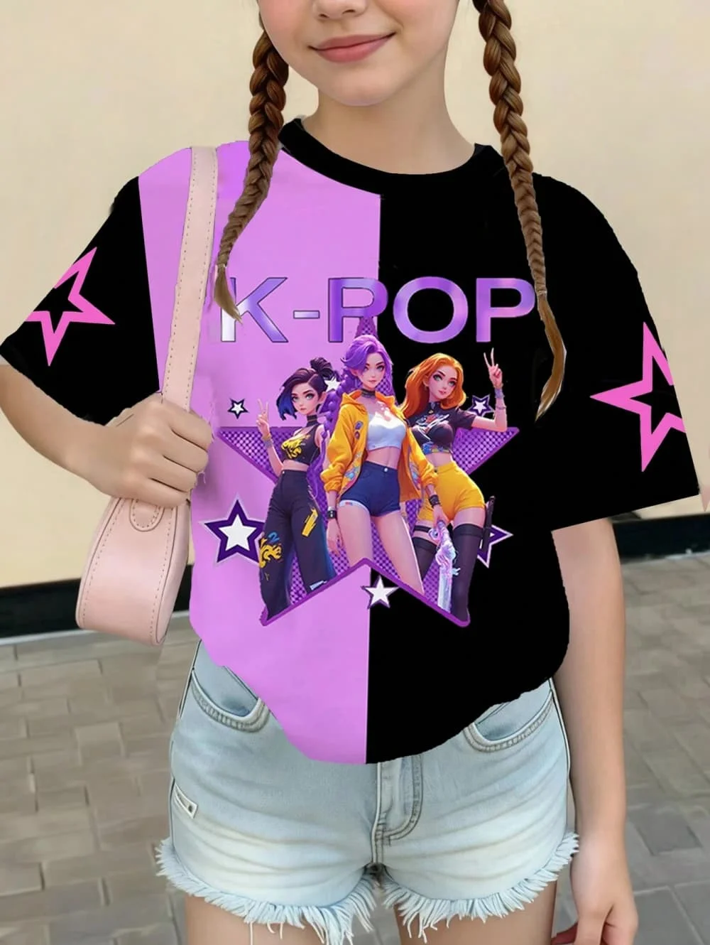 Kpop Cartoon Graphic Girls T-Shirt, lässiges T-Shirt mit Rundhalsausschnitt, geeignet für Mädchen, Kinder, Geschenk, kurze Ärmel – Detail 5