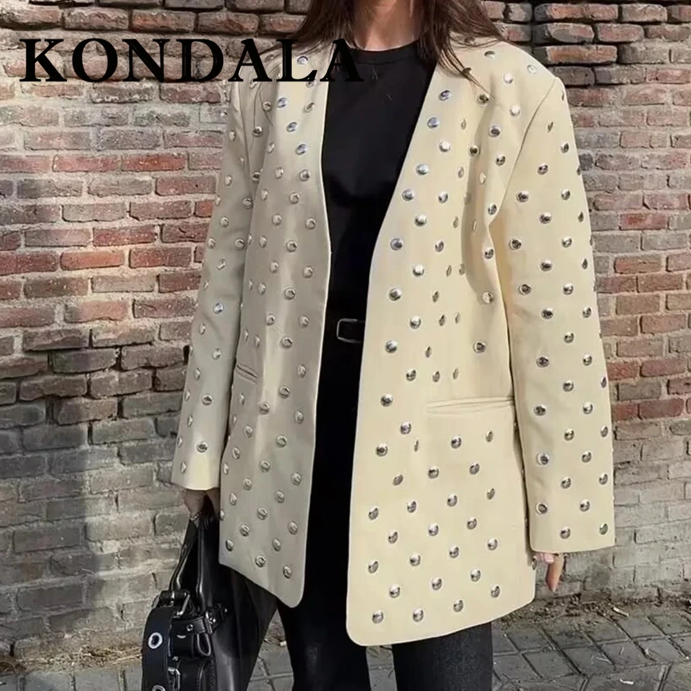 

KONDALA шикарный бежевый женский офисный блейзер с заклепками, уличная винтажная куртка, модная осенняя элегантная уличная женская верхняя одежда 2023 года