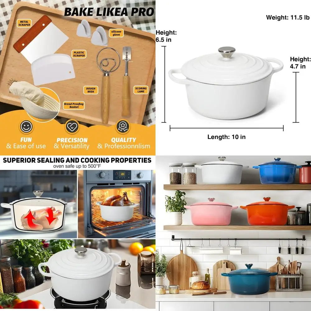 

Enameled Cast Iron Bread Oven with Proofing Basket for Baking, Heavy-Duty Cookware for Braising, Stews, Roasting (White)