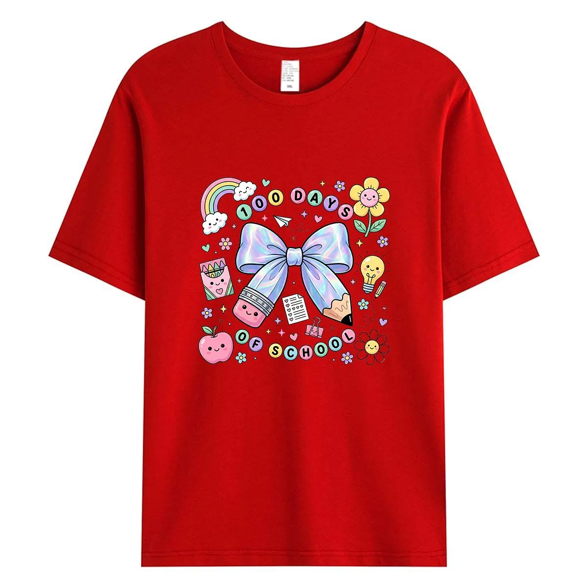 100 Days of School Celebration Women T-Shirt Cute Bow Rainbow Graphic Tee Teacher Student Summer Cotton Tops Casual