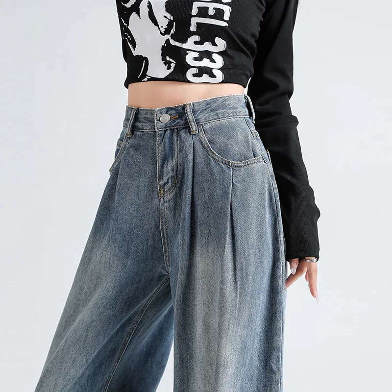 Pantalones vaqueros de cintura alta para mujer, ropa de mezclilla de algodón de pierna ancha, Pantalones rectos, pantalones casuales azules Retro