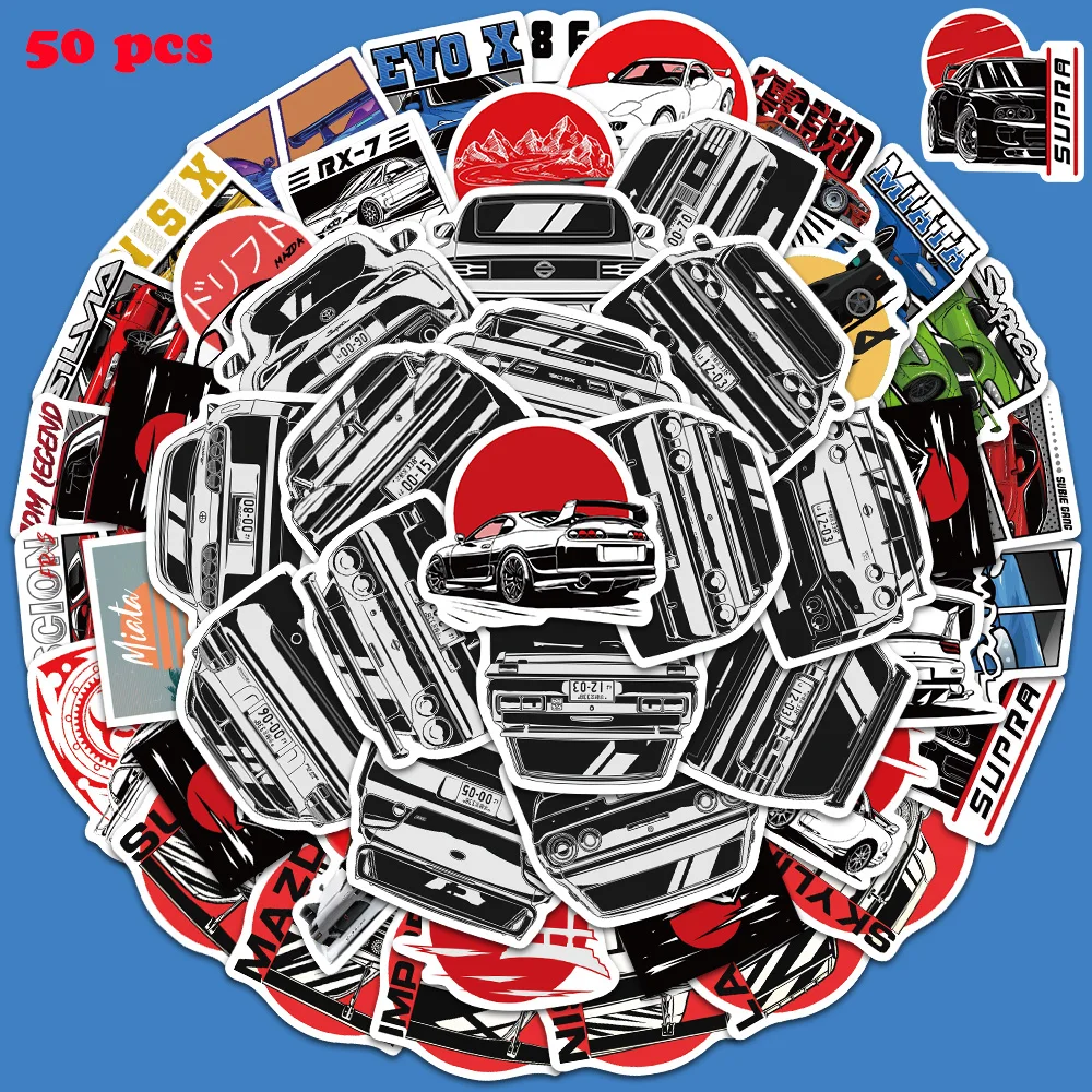 

50pcs Comic JDM Car Modification Sticker Cartoon Cool Decal For Laptop Phone Luggage Scrapbook Envelope Label Decorative Sticker
