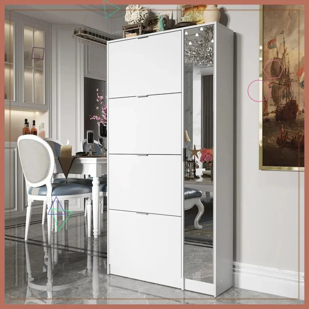 

Modern Shoe Storage Cabinet with 4 Flip Drawers & Mirror, White Wood 4-Tier Organizer for Entryway Hallway