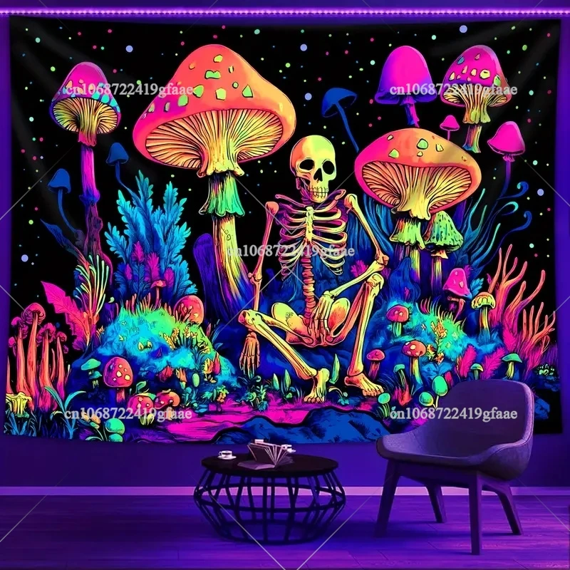 Психоделический жуткий череп, гриб, УФ-черный свет, гобелен, настенные флуоресцентные гобелены, неоновая галактика, космические гобелены