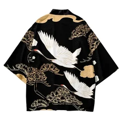 Kimono japones Cardigan Yukata Samurai hombre mujer grulla estampado camisa verano playa Haori Harajuku Obi japonés asiático Streetwear