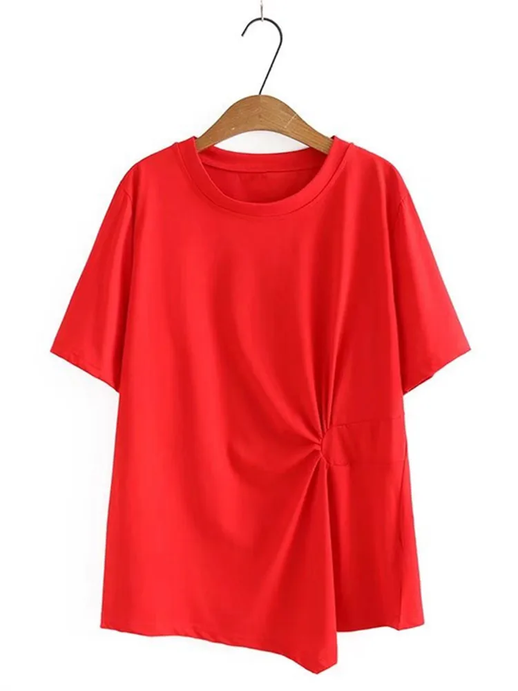 Ropa de talla grande para mujer, de manga corta Camiseta de algodón con cuello redondo, pliegues tridimensionales en la cintura, Tops de ocio de talla grande