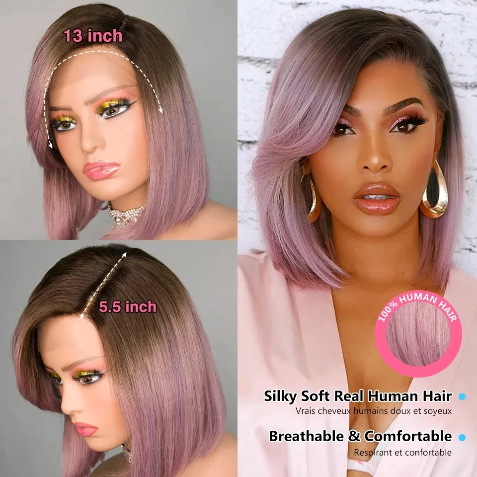 Ombre T Deel Kant Bob Kant Menselijk Haar Pruiken Pruiken Paars Rechte Bob Voor Vrouwen Brazilian Straight Korte Bob 13X1X6 Kant Front Bob Pruiken