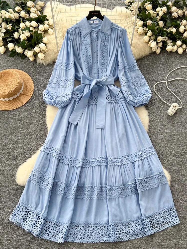 Spring France Elegant Vintage Long Evening Dress Women Hollow Out Lace Button Party Dress Female Casual Chic Festival Clothing
