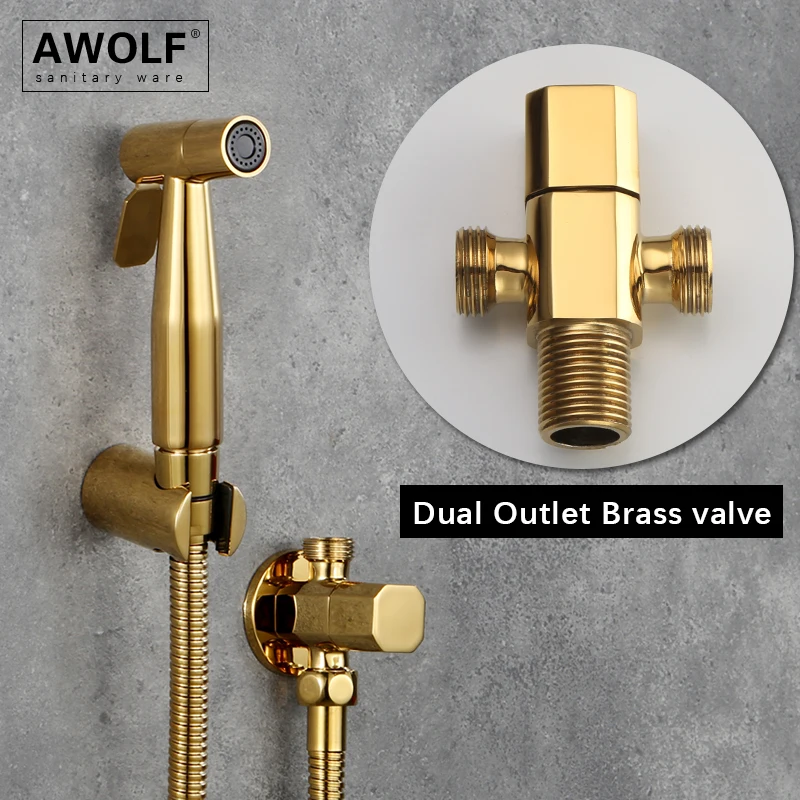 Awolf Titanium Gold Round Hygienic Shower Head Stainless Steel Toilet Bidet Sprayer Set Shattaf Shower Anal Shower System AP2103