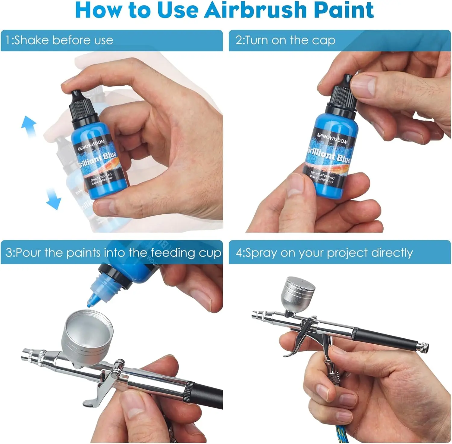 44 Colors with 4 Thinner Metallic Airbrush Paint Set (0.67 oz), Water Based Acrylic Air Brush Paint for Metal, Plastic Models, C