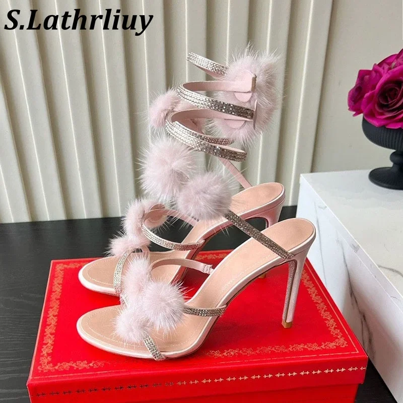 2026 Summer Solid Color Plush Decoration Women's High Heels Diamond Sandals Serpentine Wrapped Fashion Banquet Dress Shoes