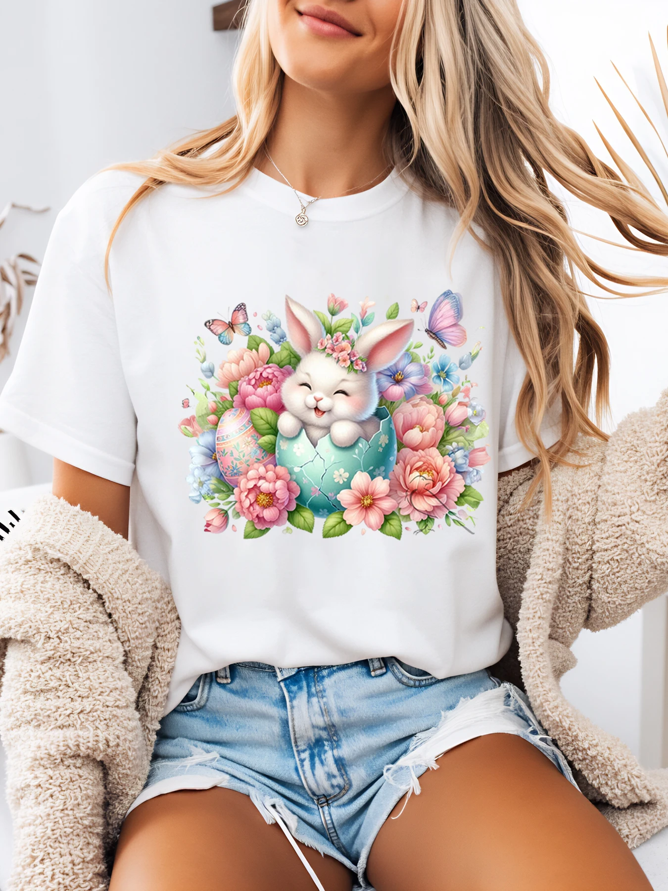 

Easter Bunny Floral Print t Shirt Easter Women Casual Outfit White Plus-Size