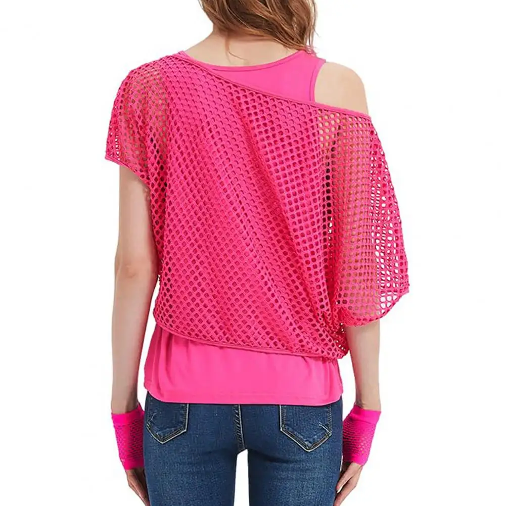 80s Mesh Shirt Vest Set Women\'s Bright Color Mesh Top Vest Set with Short Sleeve Racerback Sexy Long Sleeve Clubwear for Summer