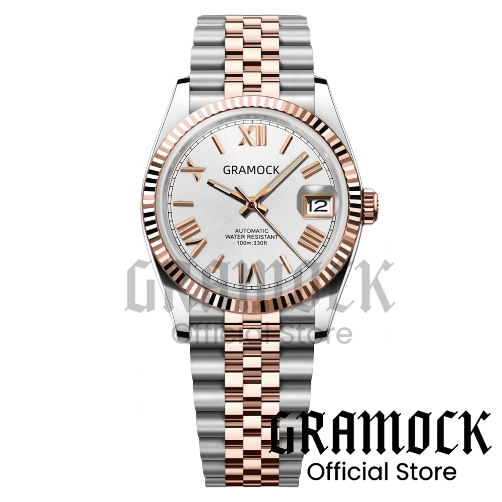 Gramock Luxury Two-Tone Rose Gold Watch For Men Roman Number 36MM 39MM Men Watch Sapphire Glass 100M Steel Diving NH35A Movement