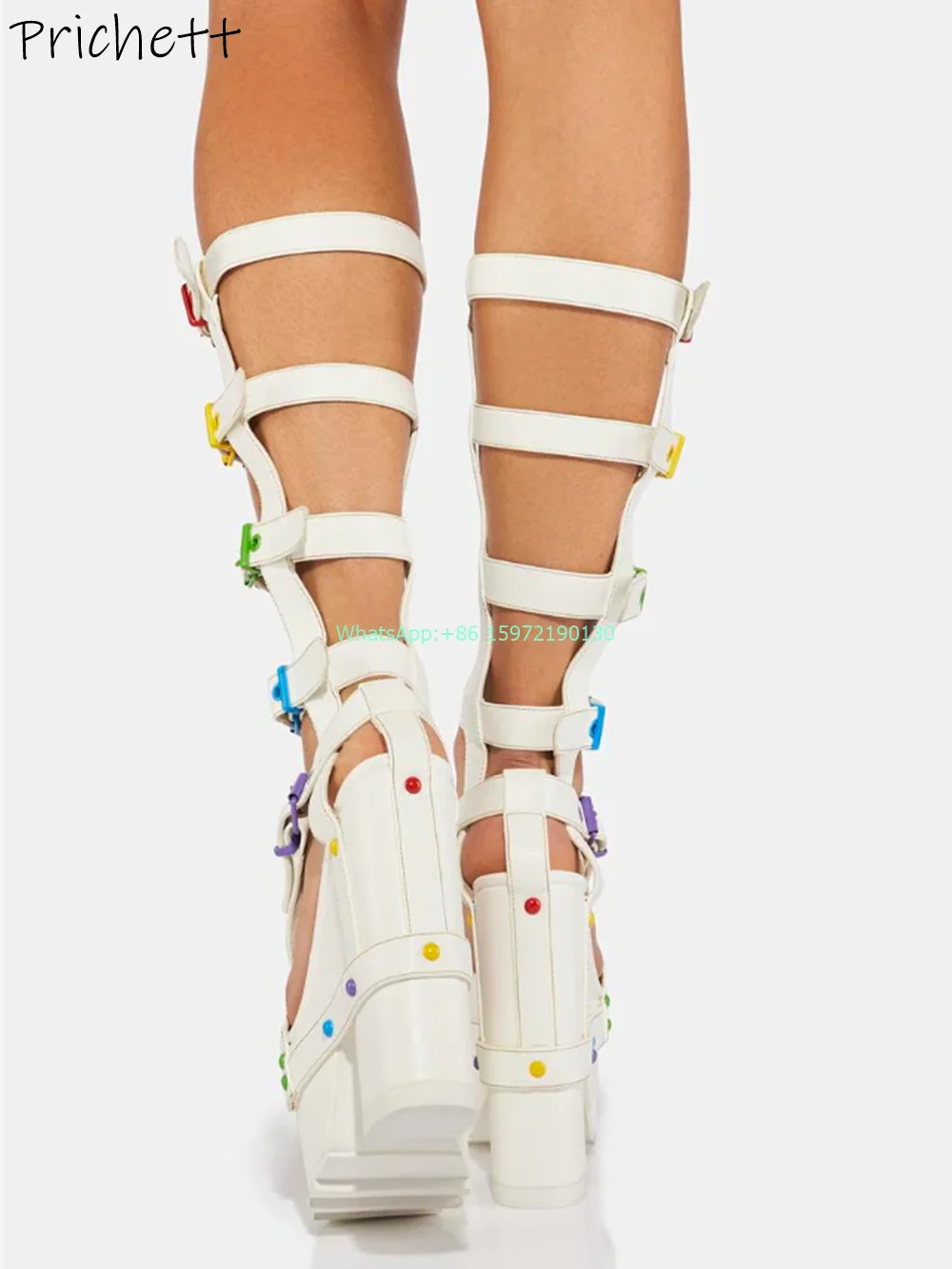 Rainbow Hollow Sandals Colorful Round Toe Buckle Strap Platform Chunky Heels Shoes White Fashion Runway Sexy Knee High Boots