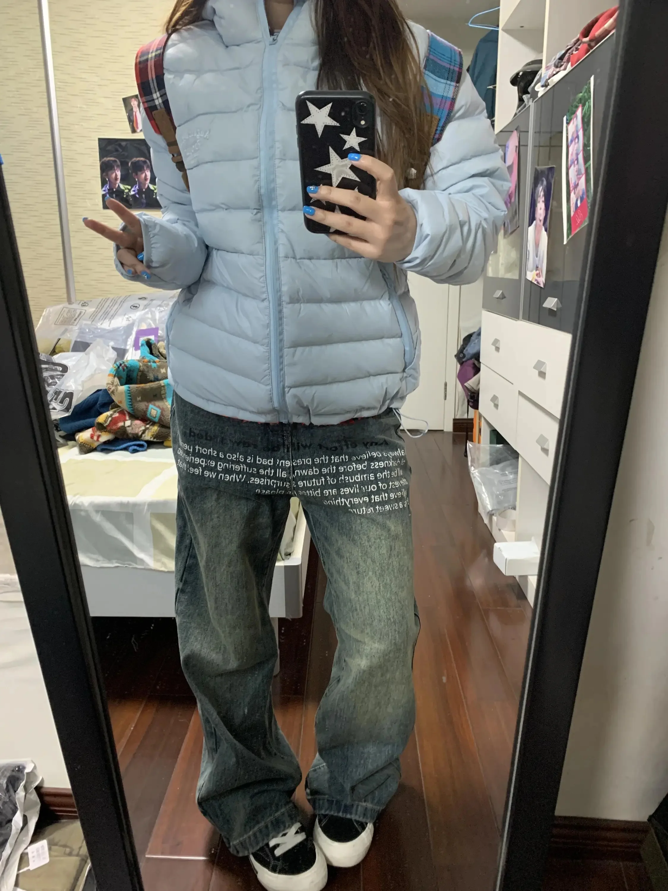 Sweet Cool Spicy American Style Letter Print High Waist Wide Leg Jeans Women's Loose Slimming Straight Cut Denim Pants