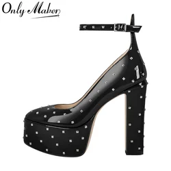 Onlymaker Women Mary-Jane Platform Pumps Black Chunky High Heels Ankle Strap Dress Party Big Size Female Shoes