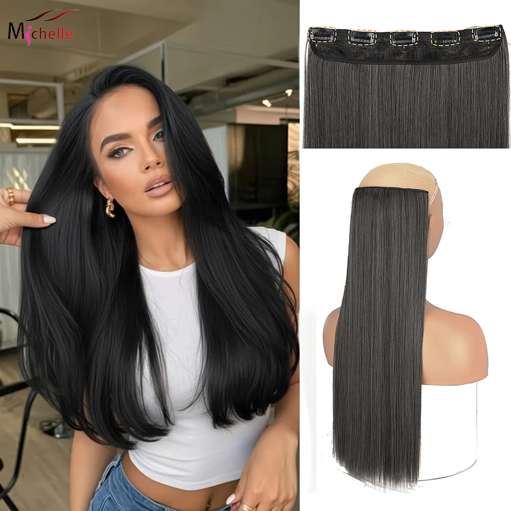 Clip in One Piece Straight Human Hair Extensions Brazilian Remy Hairpiece Clip in Hair Extensions 3/4 Full Head 5 Clips Natural