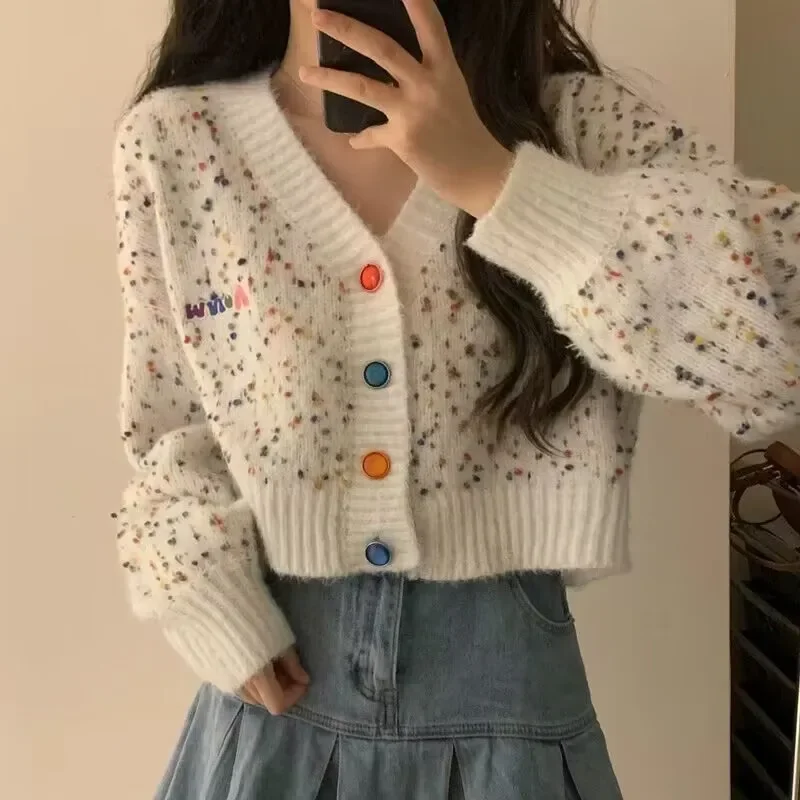 

Korean blouse loose color dot yarn sweater cardigan women's autumn new college style cardigan V-neck short soft waxy sweater